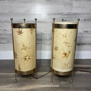 Mid Century Leaf and Butterfly Cylinder Lamp Set of 2